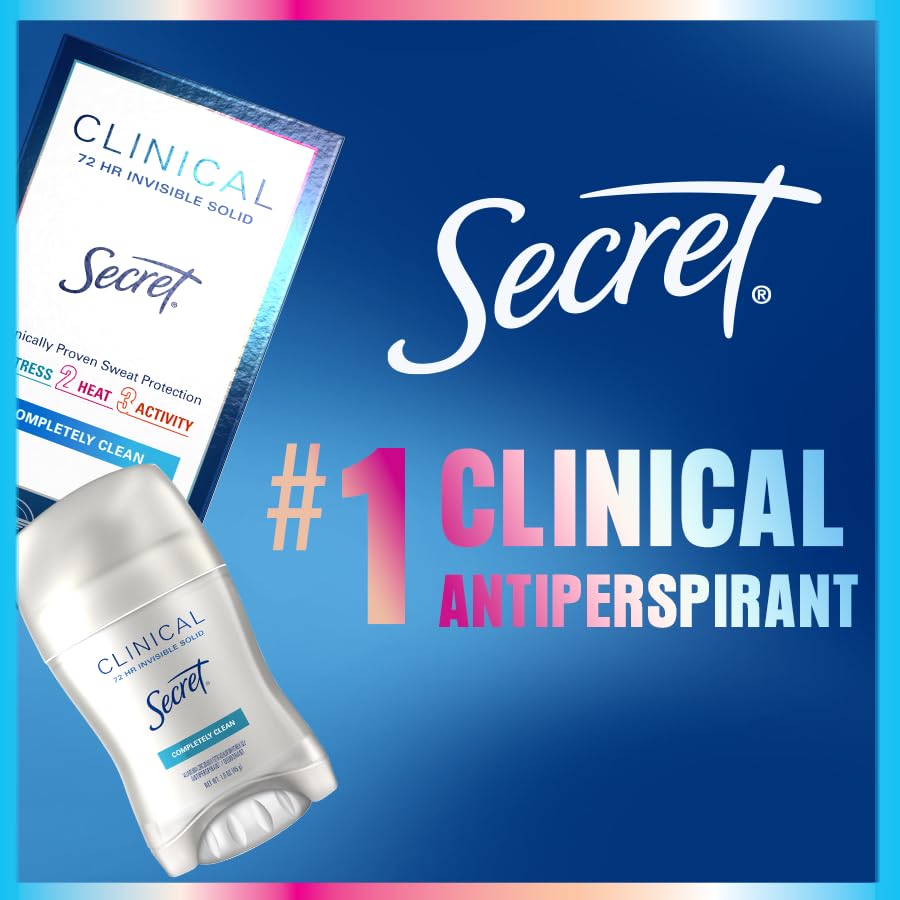 Secret Clinical Strength Antiperspirant Deodorant for Women, 3X Stress Protection, 72hr Sweat & Odor Protection, PH Balancing Minerals, lnvisible Solid, Clean Lavender Scent, 1.6 oz (Pack of 3)