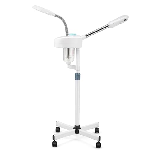 Fitnessclub 2 in1 Facial Steamer 5x LED Magnifying Lamp Hot Ozone Beauty Salon Face Equipment for Moisturizing, White