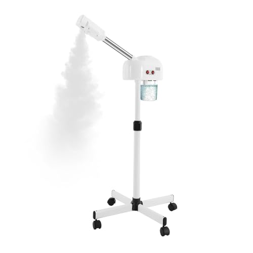 Salon-Grade Facial Steamer on Rolling Cart with 360° Rotating Nozzle - Professional Vapor & Ion Hydration Machine for Deep Cleansing, Skin Rejuvenation & Facial Care(White)