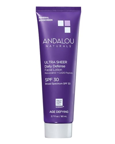 Andalou Naturals Age Defying Ultra Sheer Daily Defense Mineral Sunscreen SPF 30 | Face Lotion with Zinc Oxide | Lightweight Anti-Aging Sun Protection | 2.7 fl oz