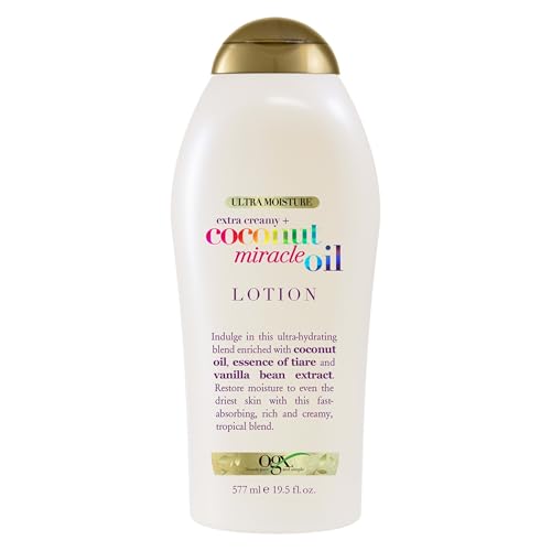 OGX Extra Creamy + Coconut Miracle Oil Ultra Moisture Body Lotion with Vanilla Bean, Fast-Absorbing Body Lotion for All Skin Types, Paraben-Free and Sulfated-Surfactants Free, 19.5 Ounce