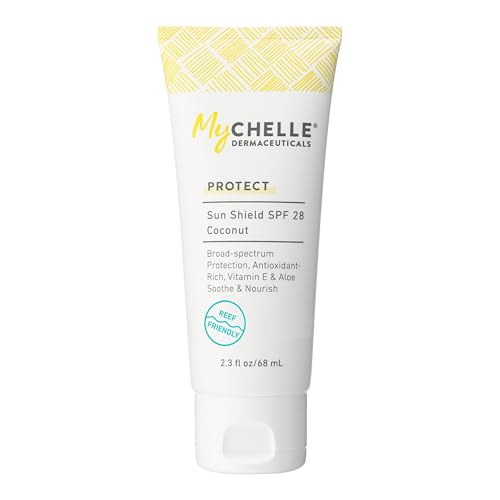 MyCHELLE Dermaceuticals Sun Shield SPF 28 Coconut (2.3 Fl Oz) - Soothing Reef Safe Sunscreen with Vitamin E and Aloe - Travel Size Zinc Sunscreen for Face and Body