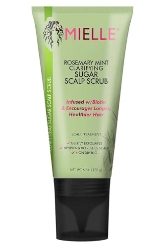 Mielle Organics Rosemary & Mint Sugar Exfoliating Scalp Scrub - Gentle Pre-Shampoo Dry Scalp Treatment for Oil & Product Buildup - Biotin Infused Non-Drying, Moisturizing Formula (6 Fl Oz)
