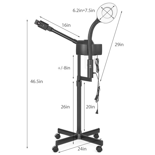 Professional Facial Steamer 2 in1 Steamer for Face 5X LED Magnifying Lamp Hot Ozone Facial Steamer for Esthetician Beauty Face Equipment Use at Home or Salon（Black）