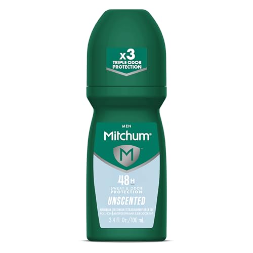 Mitchum Men’s Antiperspirant Deodorant, Roll-On Applicator, Unscented, 48HR Sweat & Odor Protection, Quick-Drying Formula, Dermatologist Tested, 3.4 oz