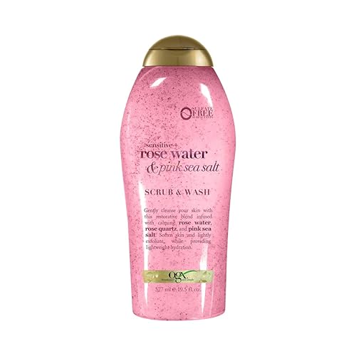 OGX Sensitive + Rose Water & Pink Sea Salt Exfoliating Body Scrub + Rose Quartz, Gentle Exfoliating Daily Body Wash Softens Skin, Body Scrub for Women, Sulfate-Free Surfactants, 19.5 fl oz