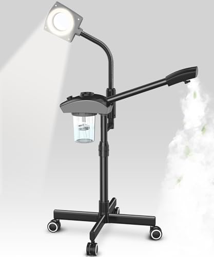 TASALON Professional Ionic Facial Steamer, 2-in-1 Face Steamer for Facial with 5X Magnifying Foldable Arm, Mist Face Steamer Salon Spa Beauty Skin Care Equipment, Aroma Therapy Nozzle Included- Blcak