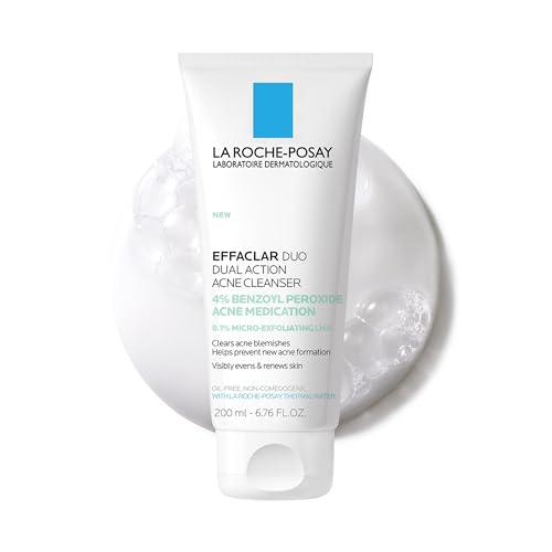 La Roche-Posay Effaclar Dual Acne Face Wash With 4% Benzoyl Peroxide & LHA Exfoliant, Acne Treatment Help Clear & Prevent Blemishes, Paraben Free & Oil Free Wash, 6.76 Fl Oz