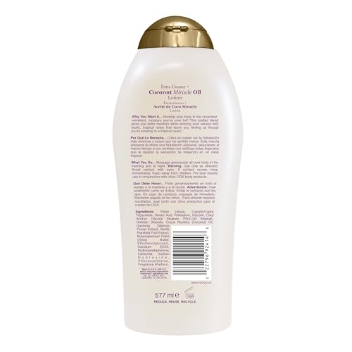 OGX Extra Creamy + Coconut Miracle Oil Ultra Moisture Body Lotion with Vanilla Bean, Fast-Absorbing Body Lotion for All Skin Types, Paraben-Free and Sulfated-Surfactants Free, 19.5 Ounce