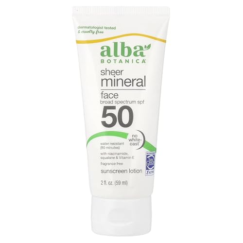 Alba Botanica Sunscreen for Face, Fragrance-Free Sheer Mineral Face Sunscreen Lotion, Broad Spectrum SPF 50, Water Resistant and Biodegradable, 2 fl. oz. Bottle (Packaging May Vary)