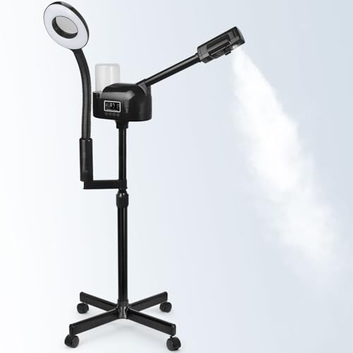 Professional Facial Steamer with 5X Magnifying Lamp, 2 in 1 Facial Steamer Upgrade PTC Heating, Esthetician Steamer Black Face Steamer for Salon Spa Beauty Skin Care (Black)