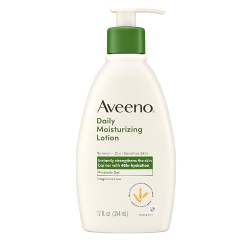 Aveeno Daily Moisturizing Body Lotion with Soothing Prebiotic Oat, Gentle Lotion Nourishes Dry Skin With Moisture, Paraben-, Dye- & Fragrance-Free, Non-Greasy & Non-Comedogenic, 12 fl. Oz