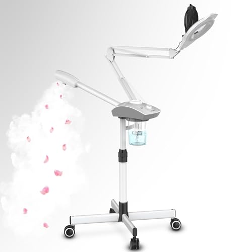 TASALON Professional Facial Steamer with 5X Magnifying Lamp, 2-in-1 Esthetician Steamer on Wheels with Ozone and Hot Mist, Ionic Facial Steamer for Facial Deep Cleaning and Moisturize