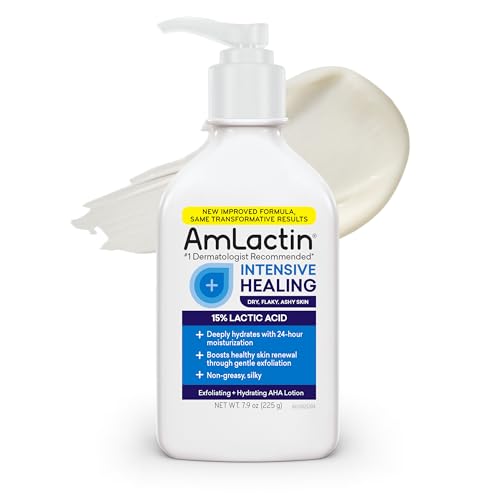 AmLactin Intensive Healing Body Lotion - Therapeutic Lotion for Extremely Dry Skin - No-Scrub Exfoliator and Moisturizer with 15% Lactic Acid AHA and Ceramides, 7.9 oz (Packaging May Vary)