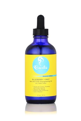 Curls Blueberry Bliss Blueberry & Mint Hair and Scalp Strengthening Oil - 4 oz, Root-Penetrating Hair Oil with Turmeric, Rosemary & Pumpkin Seed Oil, Hair and Scalp Treatment Oil, All Hair Types