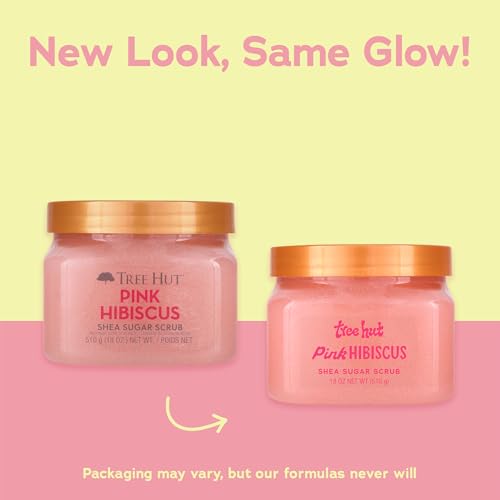 Tree Hut Pink Hibiscus Shea Sugar Scrub, Exfoliating, Hydrating & Moisturizing Body Scrub with Shea Butter & Nourishing Essential Oils, Smooth & Soften Skin, 18 oz