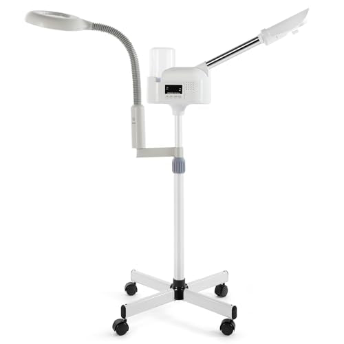 Professional Facial Steamer 2 in1 Steamer for Face 5X LED Magnifying Lamp Facial Steamer for Esthetician Beauty Face Equipment Use at Home or Salon（White）