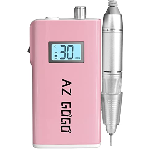 Professional Nail Drill Machine, AZ GOGO 30000RPM Rechargeable Portable Nail Drills for Acrylic Gel Nails - Cordless Electric Nail Drill with LCD Display (Pink)