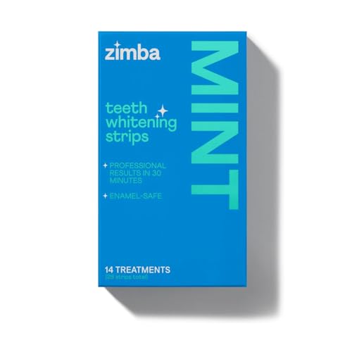 Zimba Mint Teeth Whitening Strips – 28 Vegan, Enamel-Safe Strips with Hydrogen Peroxide, 14-Day Treatment – Tooth Whitener for Coffee, Wine, Tobacco, Other Stains