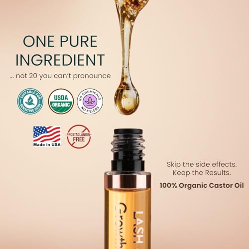 USDA Organic Castor Oil Lash Serum - Premium All Natural Cold Pressed Castor Oil Eyelash Growth Serum with Mascara Tube - Eyelash Treatment and Conditioner - For Thicker and Fuller Lashes