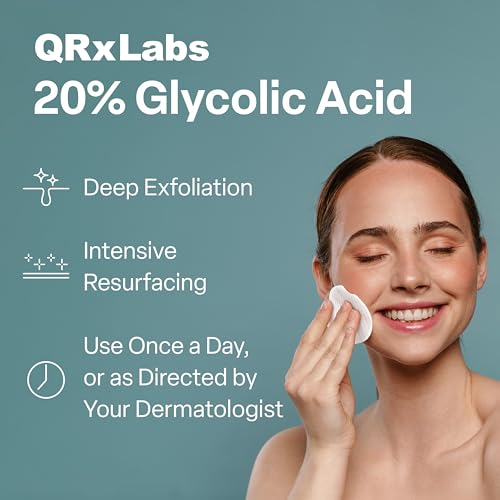 QRxLabs Glycolic Acid Pads - 20% Resurfacing Pads AHA for Face & Body - Exfoliates Skin Surface and Reduces Appearance of Fine Lines and Wrinkles - Acne Treatment Clearing - Daily Pads - 50ct