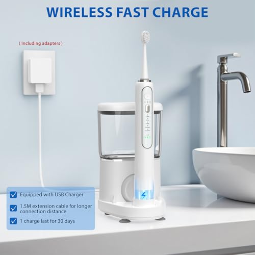 Electric Toothbrush with Water Flosser - Wireless Charging 3 in 1 Flossing Toothbrush - 500ML Professional Cordless Brush and Flosser in One - 5 Brush Modes & 3 Floss Speed (White)