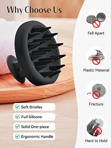 HEETA Scalp Massager Hair Growth, Scalp Scrubber with Soft Bristles, Integrated Silicone Design, Exfoliator for Dandruff Removal & Relaxation, Shampoo Brush Fit Wet Dry Hair Use, Black