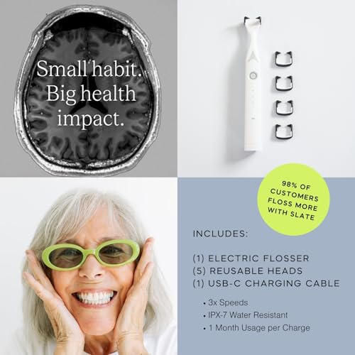 Slate Electric Flosser - Rechargeable | 3-in-1 Dentist-Invented with Reusable Floss Heads, Gum Brushes & Tongue Scraper | More Effective Than String or Water Floss