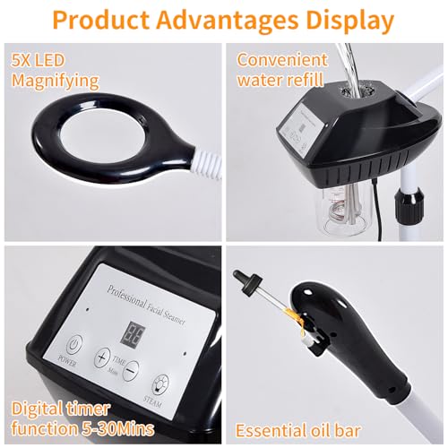 Professional Facial Steamer, 2 in 1 Facial Steamer on Wheels with 5X Magnifying Lamp, Steamer for Face Adjustable Height, Steamer for Facial for Salon, Spa and at Home Use