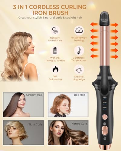 Cordless Curling Iron Rechargeable,USB Rechargeable 4000 mAh Cordless Hair Curler,3 Temp Setting Mini Travel Battery Powered Curling Iron,2 in 1 Portable Hair Straightener and Curler