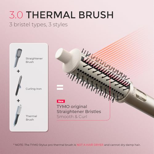 TYMO STYLUX PRO Thermal Brush Curling Brush, 1.5 Inch Blowout Heated Round Volumizer, Hair Straightener and Curler 2 in 1, 800M Negative Ion for Smoother, LCD Display, 5 Temp, Dual Voltage, Gold