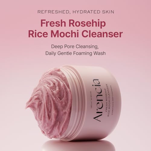 Arencia Rosehip Brightening Rice Mochi Face Cleanser & Daily Scrub - Moisturizing, Exfoliating & Deep-Cleansing - All Skin Types with Rice Powder & Rice Water (4.23oz)