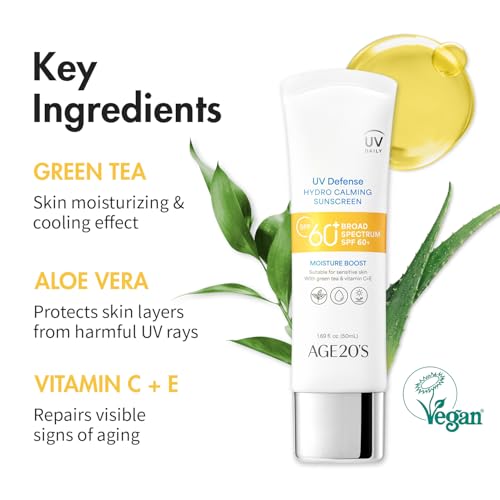 AGE20'S UV Defense Hydro Calming Sunscreen SPF 60+ | Korean Sunscreen | Moisturizing Creamy Formula, No White Cast, Lightweight Finish | Green Tea + Aloe Vera | Dermatest Excellent | 1.69 fl.oz*1