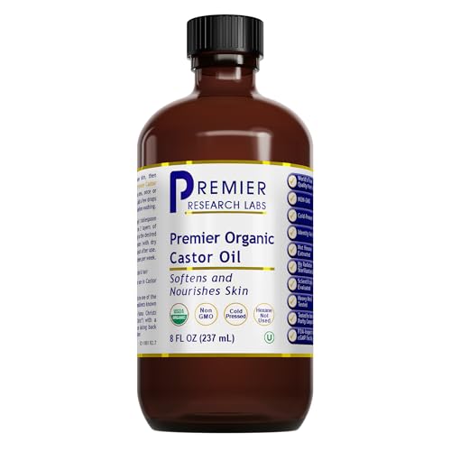 Premier Research Labs Organic Castor Oil for Face - Cold Pressed 100% Pure Castor Oil for Hair Growth, Skin & Body, Hexane Free - 8 Oz Bottle