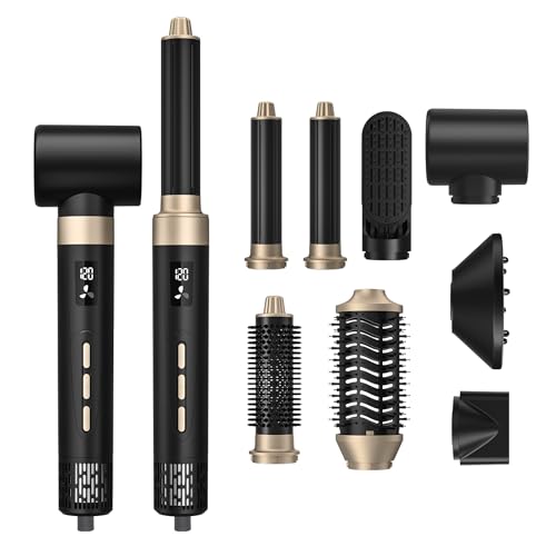 8 in 1 Hair Styler, Hair Styling Tools with 3 Heat Settings, Detachable Blow Dryer, Hot Air Curler Multi Styler Brush Set, Brush Curling Wrap Straight Curl Dry Volumiz Smooth – Black & Gold