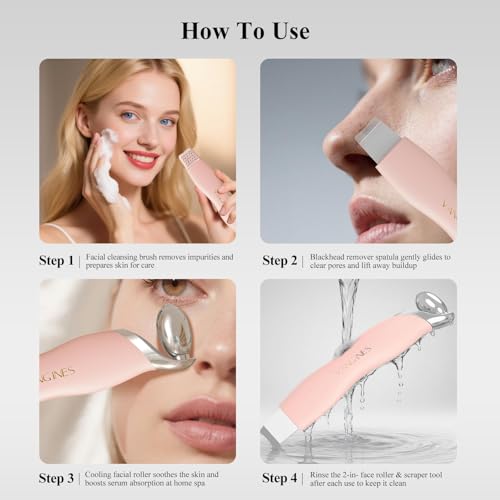 Blackhead Scraper Tool & Skin Scrubber Face Spatula for Blackhead Removal, Pore Cleaning, with Cooling Ice Roller & 2 Silicone Brush Heads (Dusty Rose)