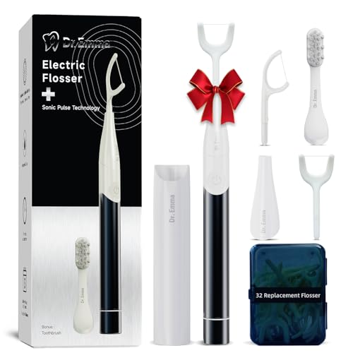 Dr. Emma Electric Vibration Flosser with Replaceable Floss Picks and Toothbrush, Power Flosser for Adults, Dental Flosser Kit for Teeth Cleaning, Water Flosser Alternative, Midnight