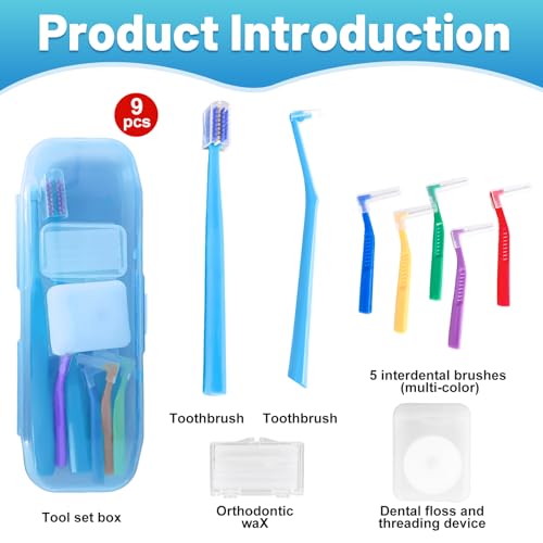 9-in-1 Orthodontic Oral Care Kit with Case – Toothbrush, End Tuft Toothbrush, 5 Interdental Brushes, Dental Floss, Dental Wax – Portable Hygiene Set for Braces and Daily and Travel Use (Blue)