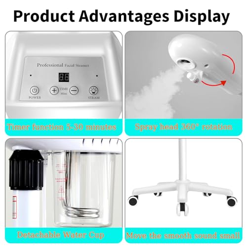 Professional Facial Steamer, Ozone Spa Face Steamer on Wheels, Adjustable Height and Angle,Estheticians Steamer More Steam,Hot Mist Facial Humidifier Atomizer for Spa Beauty, Home Use
