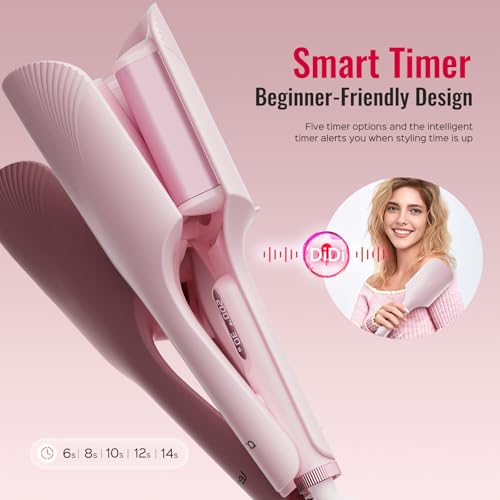 Hair Waver LENA S16 Beach Waves Curling Iron, Hair Tool for Women with 3 Titanium Ceramic Barrels, Anti-Scald Protection, Smart Timer & Adjustable Temps, Dual Voltage, 1.25 Inch, Pink