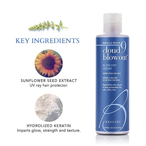 Brocato Cloud 9 Blowout Blow Dry Serum, 8.5 Ounce | Miracle Repair, Rapid Blow Dry Serum & Heat Protectant for Soft, Shiny Hair | All-Natural Hair Products for All Hair Styles, Color Safe