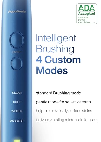 Aquasonic Vibe Series Ultra-Whitening Toothbrush – ADA Accepted Electric Toothbrush - 8 Brush Heads & Travel Case – 40,000 VPM Motor & Wireless Charging - 4 Modes w Smart Timer – Sapphire Blue