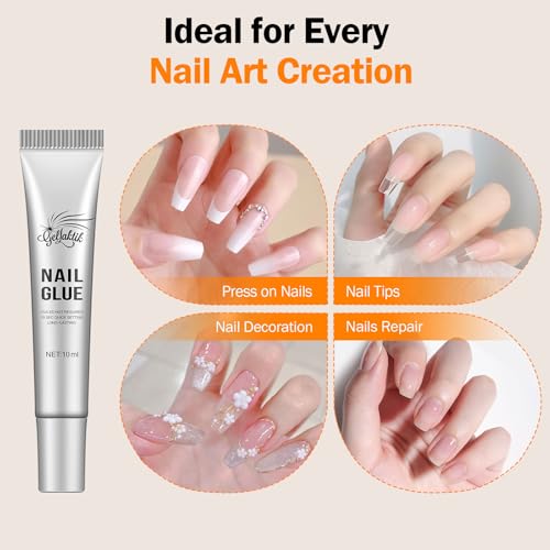 10g Nail Glue for Press On Nails - Super Strong, Quick Drying, Long Lasting Adhesive for Fake Acrylic Nails & Tips, No UV Light Needed, Includes Nail Glue Remover for Press On Tips