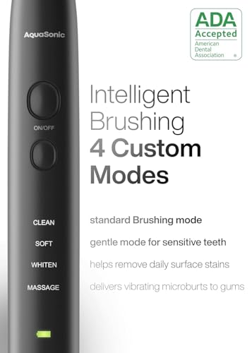 Aquasonic Black Series Ultra Whitening Toothbrush – ADA Accepted Electric Toothbrush- 8 Brush Heads & Travel Case – 40,000 VPM Electric Motor & Wireless Charging - 4 Modes w Smart Timer