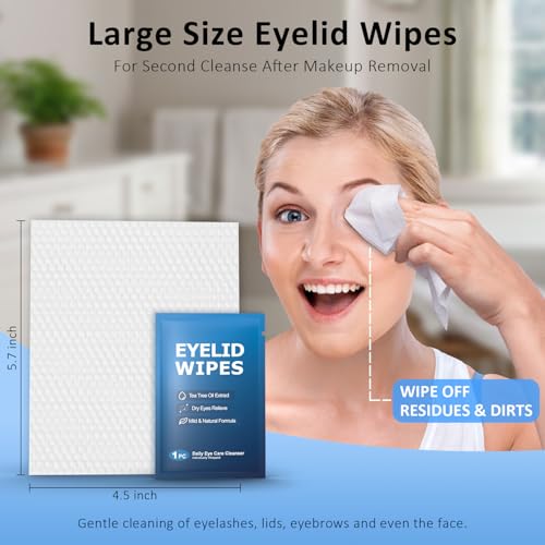 60PCs Eyelid & Lash Wipes with Hyaluronic Acid, Tea Tree Oil Eye Cleaser For Blepharitis, Itchy & Stye Eyes, Pre-Moistened Eyelid Wipes for Dry Eyes Relief, Daily Care Cleanser for Sensitive Eye