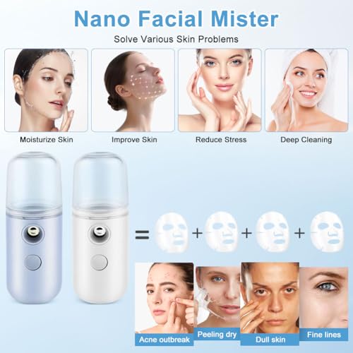 2PCS Portable Nano Face Mister, Abnaok Facial Steamer, USB Rechargeable Cool Mist Sprayer, 30ml Visual Water Tank, Nano Mister for Eyelash Extensions, Facial Deep Cleaning, Makeup