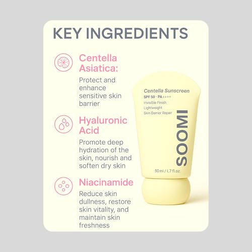 Soomi Skin Centella Sunscreen 50ml SPF 50 Centella Asiatica Korean Face Sunscreen for Sensitive Skin, No White Cast, Lightweight Hydrating Sun Protection, Skin Barrier Repair, Niacinamide