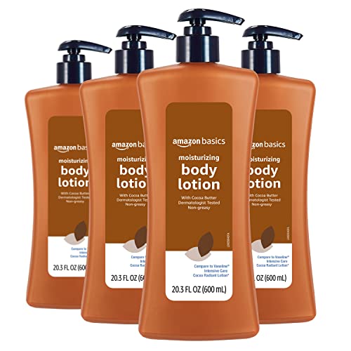 Amazon Basics Moisturizing Cocoa Butter Body Lotion for Dry Skin, Non-Greasy, Paraben Free, Lightly Scented, 20.3 Fl Oz, Pack of 4