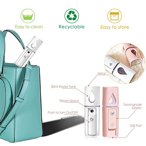 GIVERARE 2 Pack Nano Facial Steamer, Handy Mini Mister with Mirror, USB Rechargeable Mist Sprayer, Visual Water Tank Moisturizing&Hydrating for Face, Makeup, Skin Care, Eyelash Extensions-White
