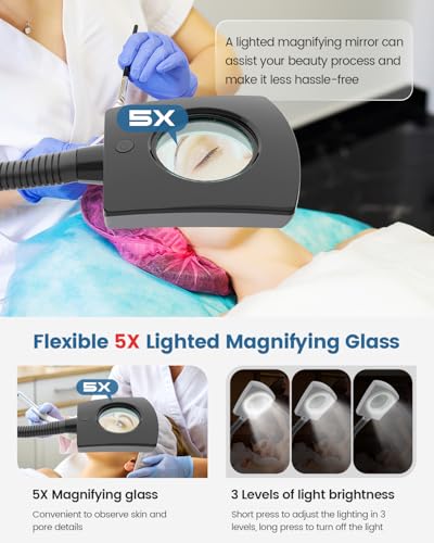 Kingsteam Facial Steamer & 5X Magnifying Lamp Combo, Professional Esthetician Equipment: Adjustable Nano Mist, Deep Pore Cleansing, Blackhead Remover, Acne Treatment Ozone Steamer (60 Min Timer),Black